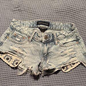 Aeropostale Distressed Light Blue Denim Shorts with Crochet Trim